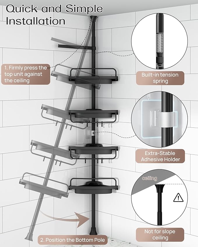 ALLZONE Corner Shower Caddy Tension Pole, Extendable Rustproof Stainless Steel Pole & 4-Tier Adjustable Shelves for Easy Drainage and Built-to-Last Stability, 34 to 116 Inch, Black
