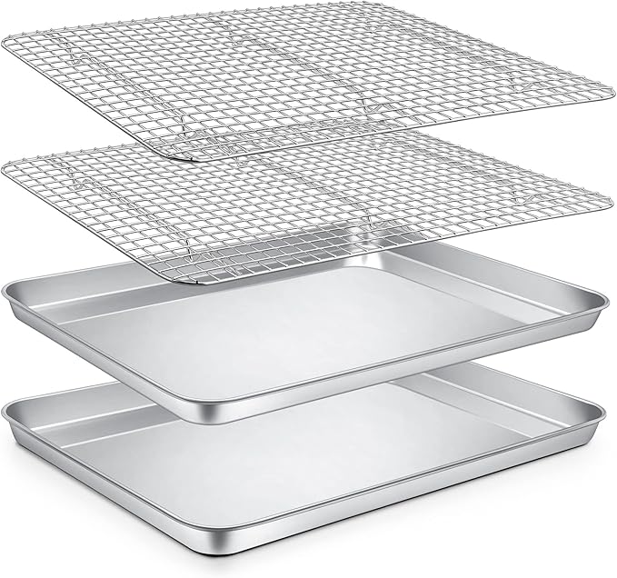 P&P CHEF 16 + 10.4 Inch Cookie Baking Sheet Pan with Wire Rack,4 Pcs