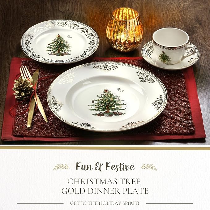Spode Christmas Tree Gold Dinner Plate - Festive Holiday Serveware