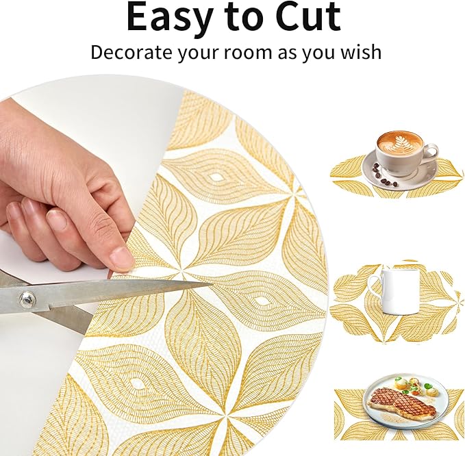 Shelf Liners for Kitchen Cabinets 12in x 20FT, Non Adhesive Cabinet Liner Strong Non-Slip Golden Leaf Drawer Liner, Easy to Clean for Shelf, Cabinet with Knife and Tape Measure