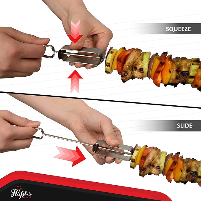 Patented Kabob Skewers for Grilling- BBQ Skewers for Grilling-16" Long Flat Kebab Skewers With Push Bar- Shish Kabob Skewers -Stainless Steel Skewer Sticks for Camping - Wide Reusable Skewers - 8 Pack