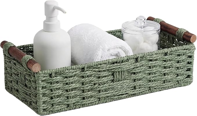 Back of Toilet Basket, Green Wicker Toilet Tank Basket for Toilet Paper Storage (Holds 2 Rolls), Handwoven Paper Rope Bathroom Basket Organizer with Wooden Handles, Basket for Top of Toilet Tank