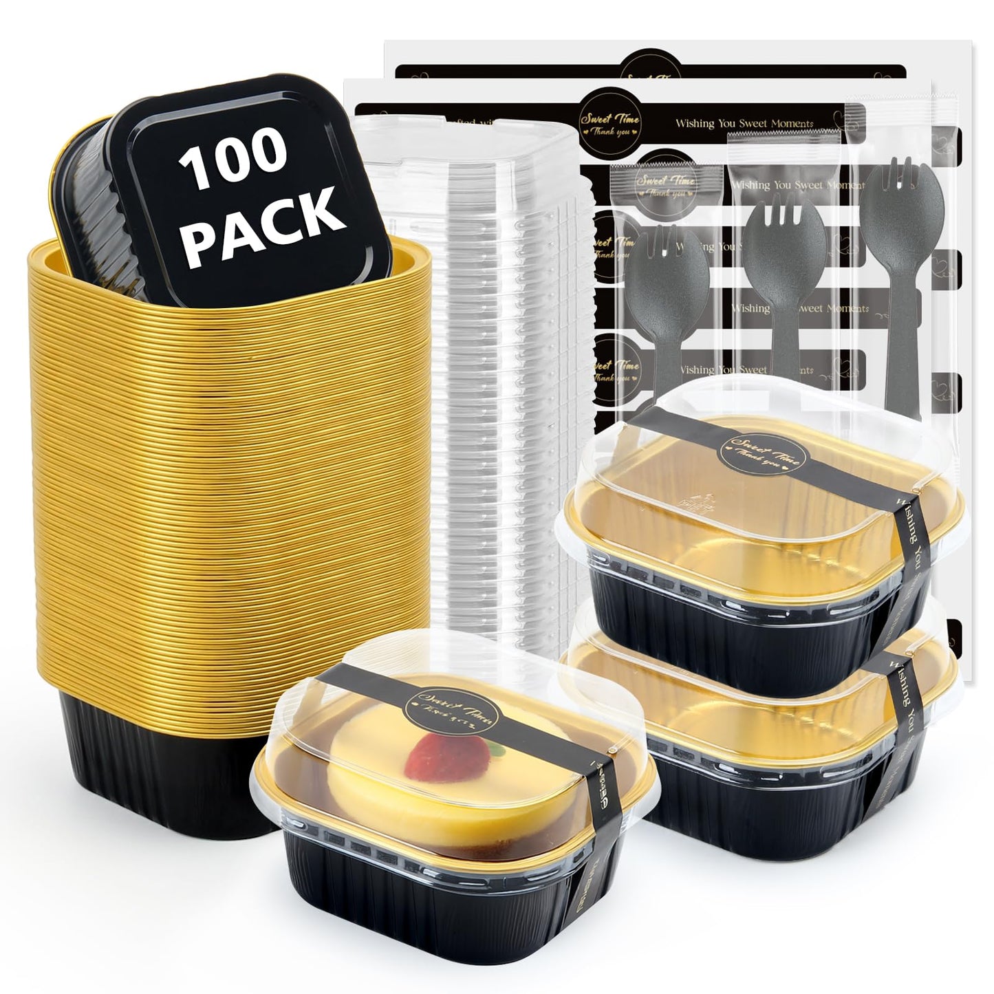 5oz 100pcs Mini Loaf Pans with Lids and Spoons,Square Black Gold Loaf Pans