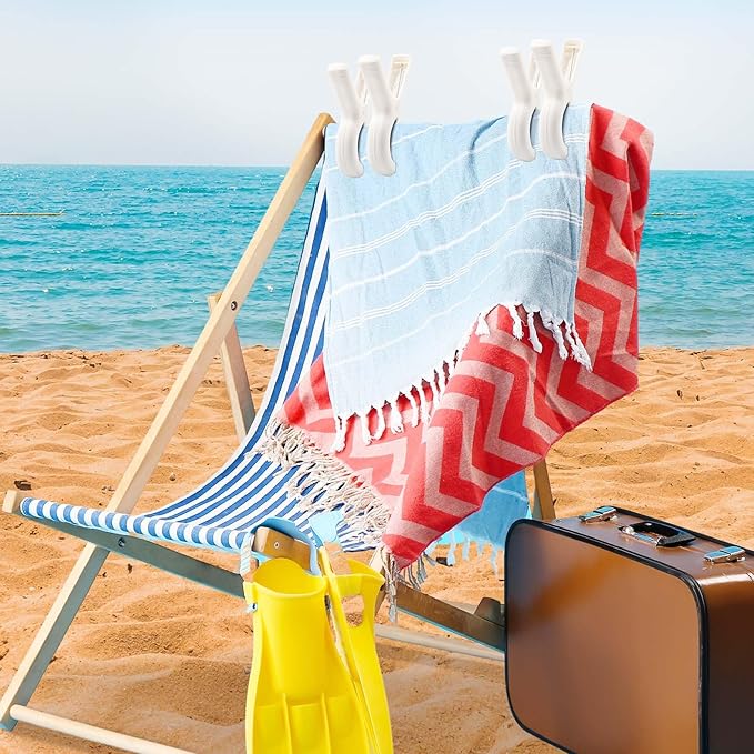 8 Pcs Beach Towel Clips for Beach Chairs, Towel Holder for Beach Chair Pool Chair on Cruise, Jumbo Size Heavy Duty Clothes Pins, Beach Chair Clips to Keep Your Towel from Blowing Away (White)