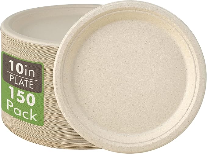 Vplus 350 Pack Compostable Bagasse Paper Plates 6.9 inch, Nature