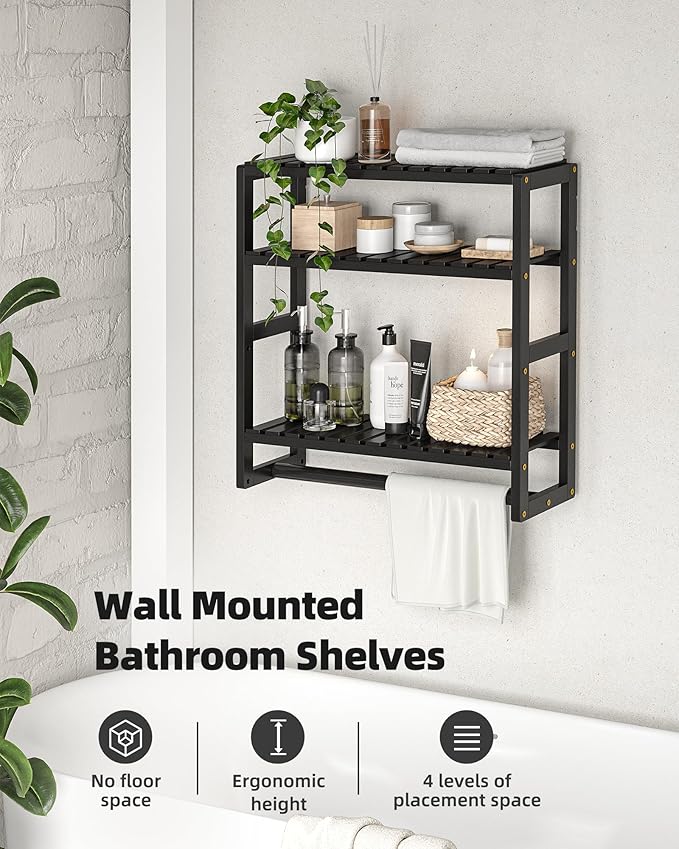 Bathroom Shelves Towel Racks Over Toilet Storage with Towel Bar 3 Tier Floating Wall Mounted Space Saving Bamboo Paper Holder for Bathroom Laundry Room Kitchen Organizers (Black)