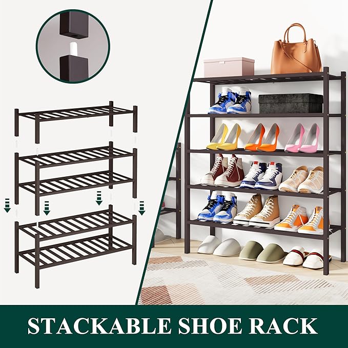 Smiry Shoe Rack, 6 Tier Bamboo Shoe Organizer, Stackable Free Standing Wooden Shoe Storage Shelf for Closet, Entryway, Front Door Entrance, Brown