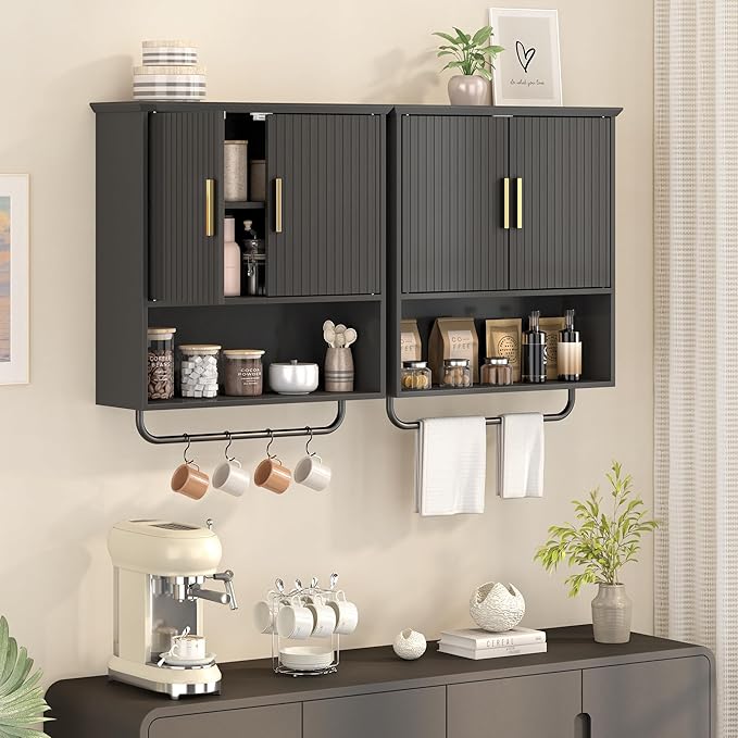 Bathroom Wall Cabinet with Towel Bar, 2 Doors & Adjustable Shelves - Space Saving Wood Wall Mounted Medicine Cabinet Storage Organizer for Bathroom, Laundry, Kitchen, Living Room (Black)
