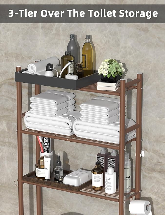 3-Tier Over The Toilet Storage, Freestanding Metal Bathroom Shelves with 4 Hooks, Over Toilet Storage Shelf with Paper Holder, Above The Toilet Shelf for Bathroom Storage, Bronze