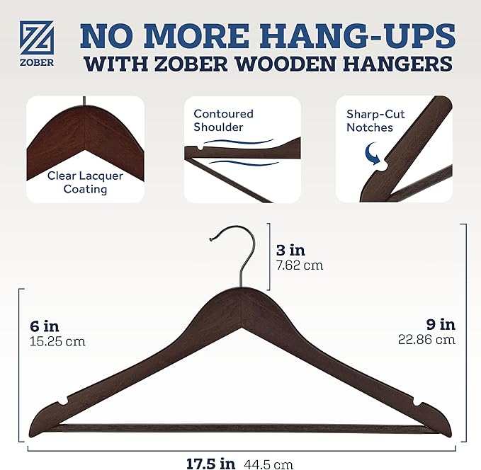 ZOBER Wooden Hangers - Heavy Duty, Non Slip Wood Hangers for Coats, Jackets, Suits, & Pants - Coat Hangers for Closet W/Bar and Notches 20 Pack
