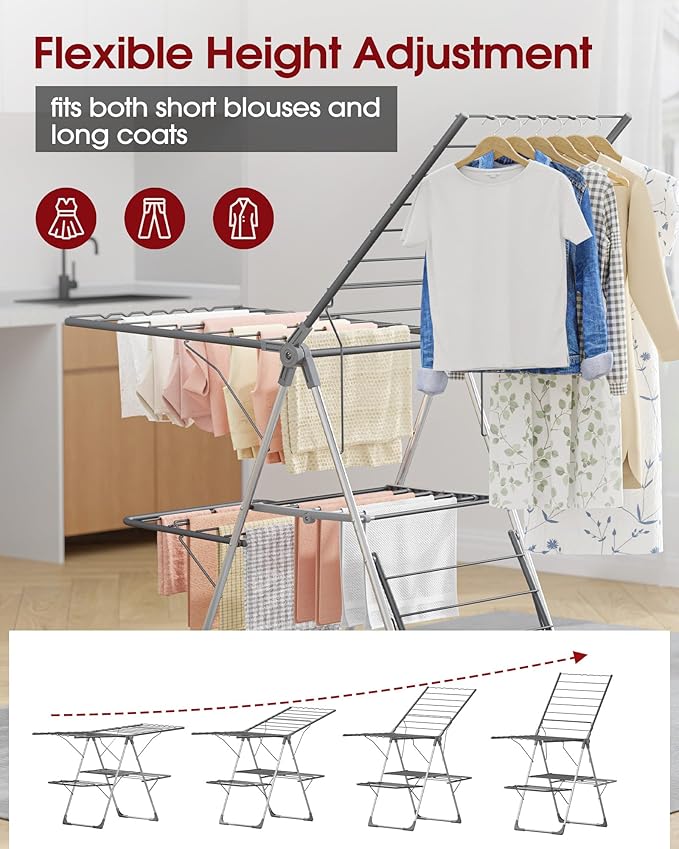 Clothes Drying Rack, Foldable 2-Level Laundry Drying Rack with Height-Adjustable Wings, for Clothing & Bedding, Free-Standing Space-Saving Rack, Indoor & Outdoor, 55.5" L × 22.8" W, Gray