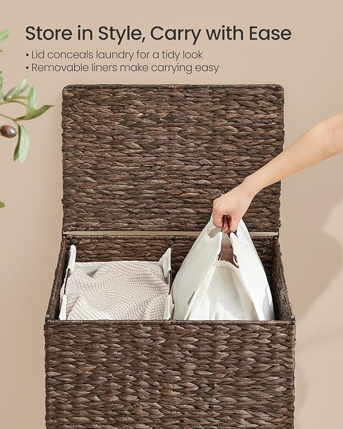 SONGMICS Laundry Hamper 2 Sections, 34.3 Gal. (130 L) Handwoven Water Hyacinth Wicker Laundry Basket with Lid, Natural Material, Removable Machine Washable Liners, Handles, Espresso ULCB202K01