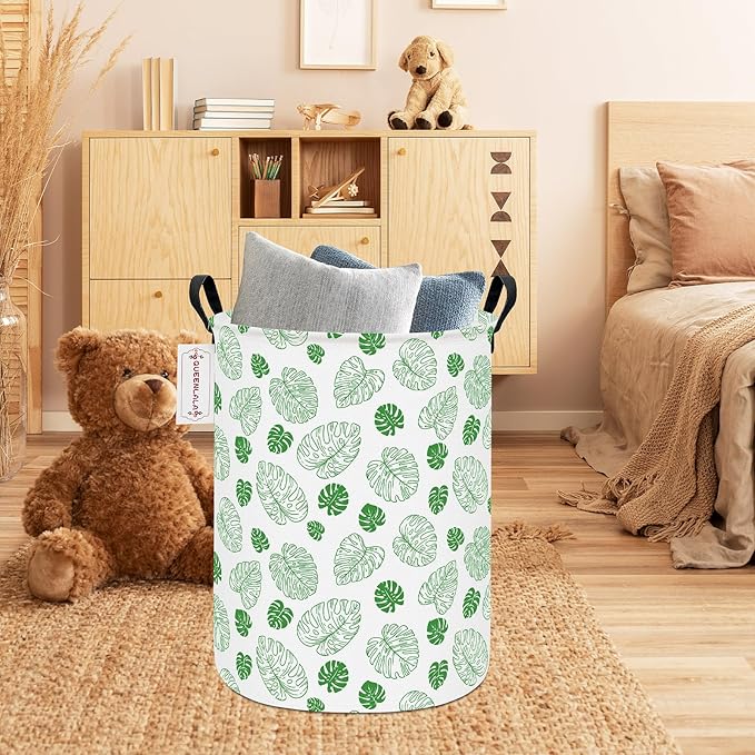 QUEENLALA Large Storage Basket,Laundry Hamper/Bathroom/Home Decor/Collapsible Round Storage Bin,Boys and Girls Hamper/Boxes/Clothing(Round-Green Leaf)