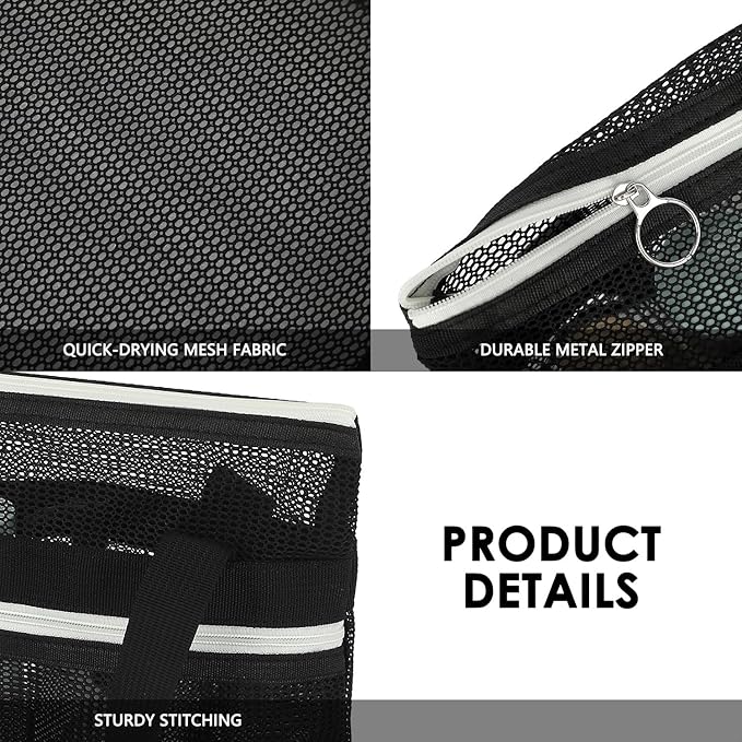 Mesh Shower Caddy Portable Shower Bag for Travel, Gym, Camping – Quick-Dry Hanging Toiletry Organizer with Zipper Pockets for Bathroom Essentials,Black