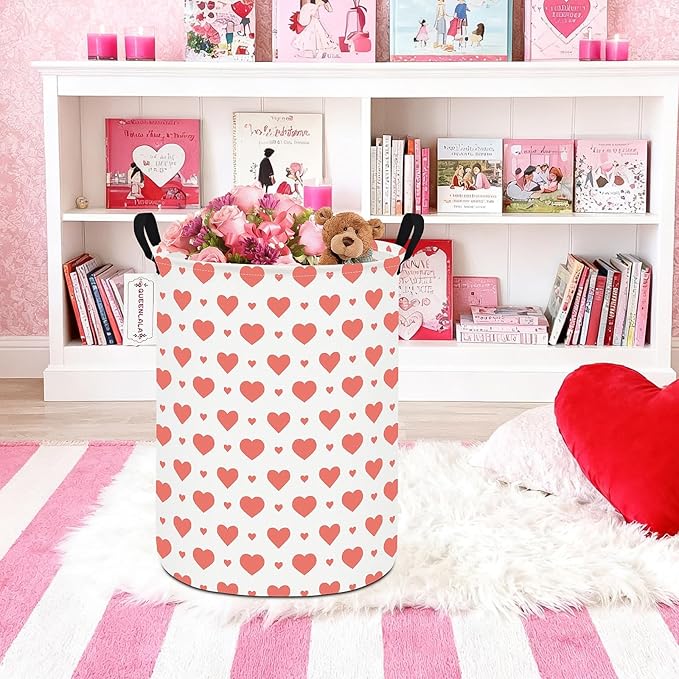 QUEENLALA Large Storage Basket,Laundry Hamper/Bathroom/Home Decor/Collapsible Round Storage Bin,Boys and Girls Hamper/Boxes/Clothing(Round-Pink Heart)