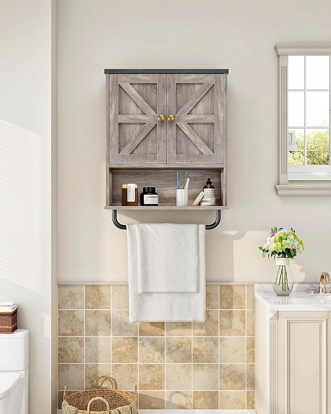 Bathroom Wall Cabinet, Medicine Cabinet with Open Partition and Towel Bar, Rustic Storage Cabinet with Open and Hidden Storage Space, for Bathroom, Living Room, Greige and Charcoal Black