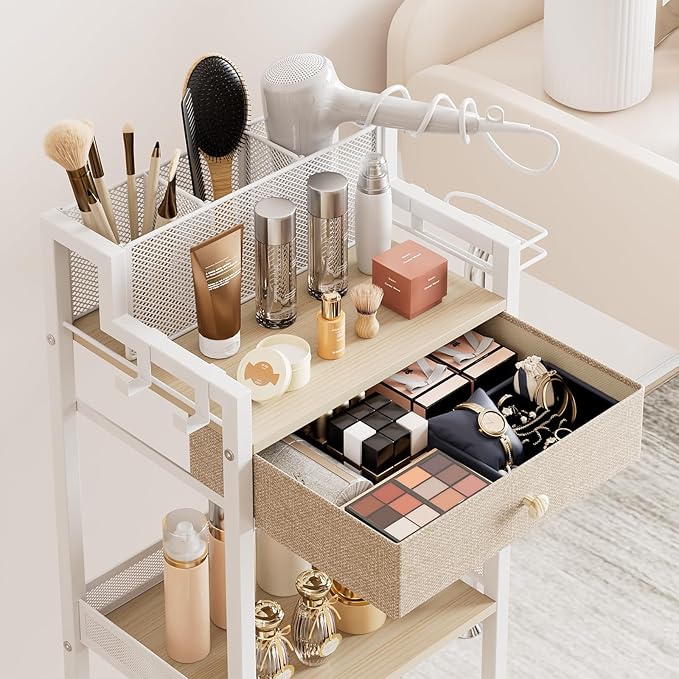 3 Tier Rolling Utility Cart Organizer with Removable Drawer, 12.8in Large Floor Makeup Skincare Organizers Cosmetics Display Cases Holder for Hair Tool, Kitchen, Bathroom, Laundry Room Organization