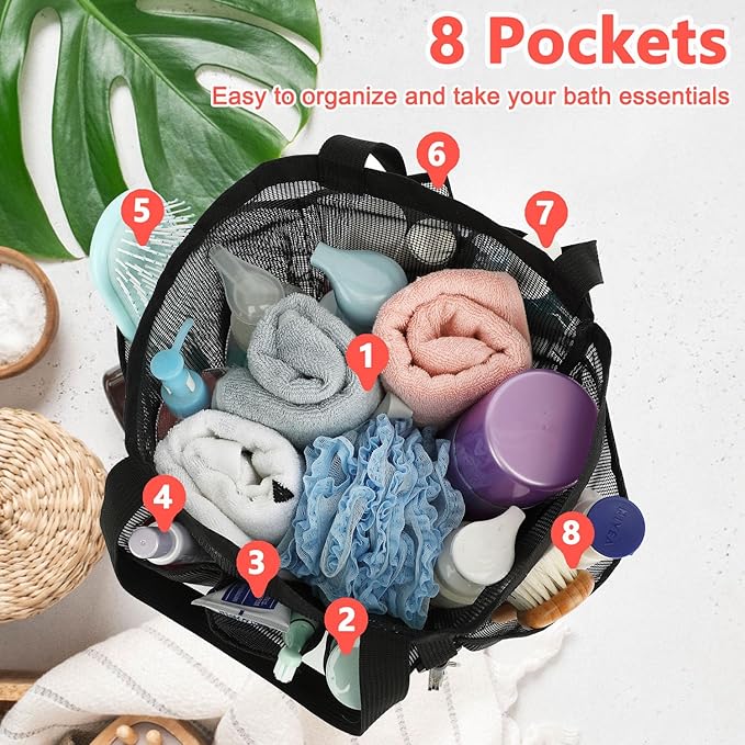 Mesh Shower Caddy Portable for College Dorm Room Essentials, 8-Pocket Large Shower Basket Tote Bag with 2 Handles for Toiletry, Bathroom, Beach, Camp, Gym | Portable, Quick-Dry, 2 Handles