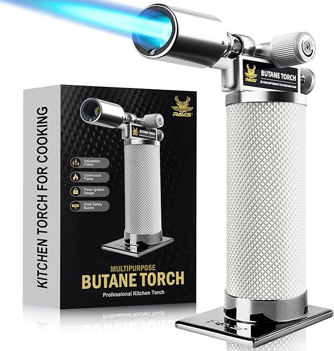 RAVS Butane Torch Lighter Refillable, White Kitchen Torch with Adjustable Flame, Premium Metal Creme Brulee Torch for Baking, Welding, Cooking Torch Butane Not Included