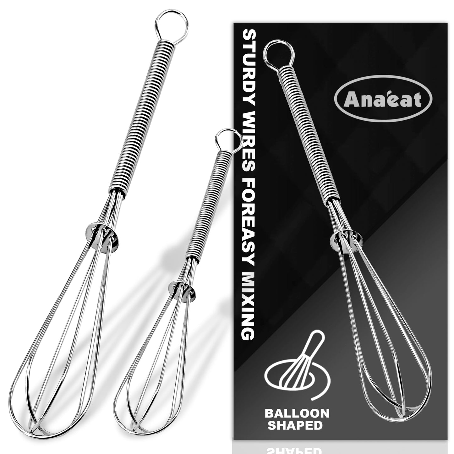Anaeat Silicone Balloon Whisk, Perfect for Non-Stick Cookware, Milk and Egg Beater Blender, Heat Resistant Kitchen Whisks for Whisking, Cooking, Baking, Beating, Frothing & Stirring (Black)