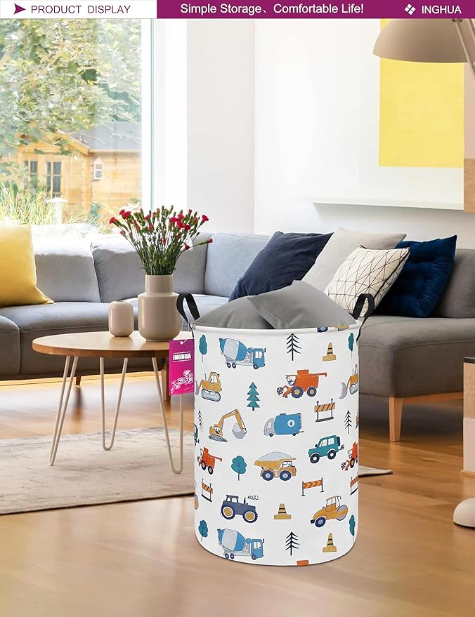 Laundry Hamper Large Canvas Fabric Lightweight Storage Basket/Toy Organizer/Dirty Clothes Collapsible Waterproof for College Dorms, Boys and Girls Bedroom,Bathroom(Vehicles)