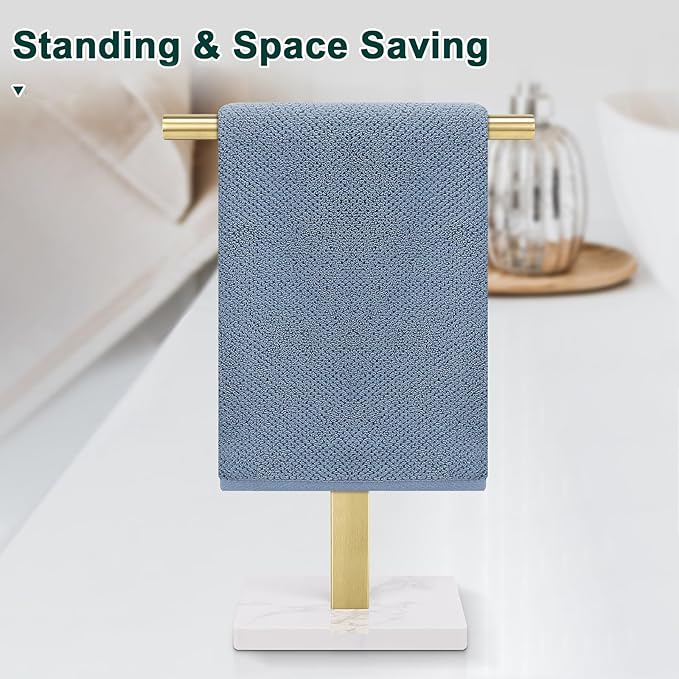 Hand Towel Holder, T-Shape Hand Towel Stand for Bathroom, Hand Towel Rack Bar Standing for Vanity Kitchen Countertop, 304 Stainless Steel, Marble Base (Gold)