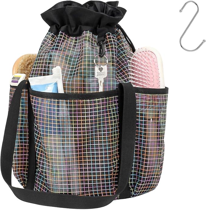 F-color Mesh Shower Caddy Portable with Drawstring - Tall 5 Pockets Dorm Room Essentials for Guys Girls with S Hook, Shower Bag Basket Tote for College Camping Travel Toiletry Bathroom, Black Grid