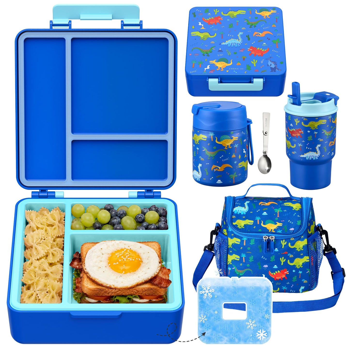 Pawtong Lunch Box Set with Bento Box Container, 17OZ Stainless Steel Food Soup Thermo, Kids Water Bottle & Portable Insulated Lunch Bag, Leakproof, Hot/Cold Retention for School, Travel (Dinasour)