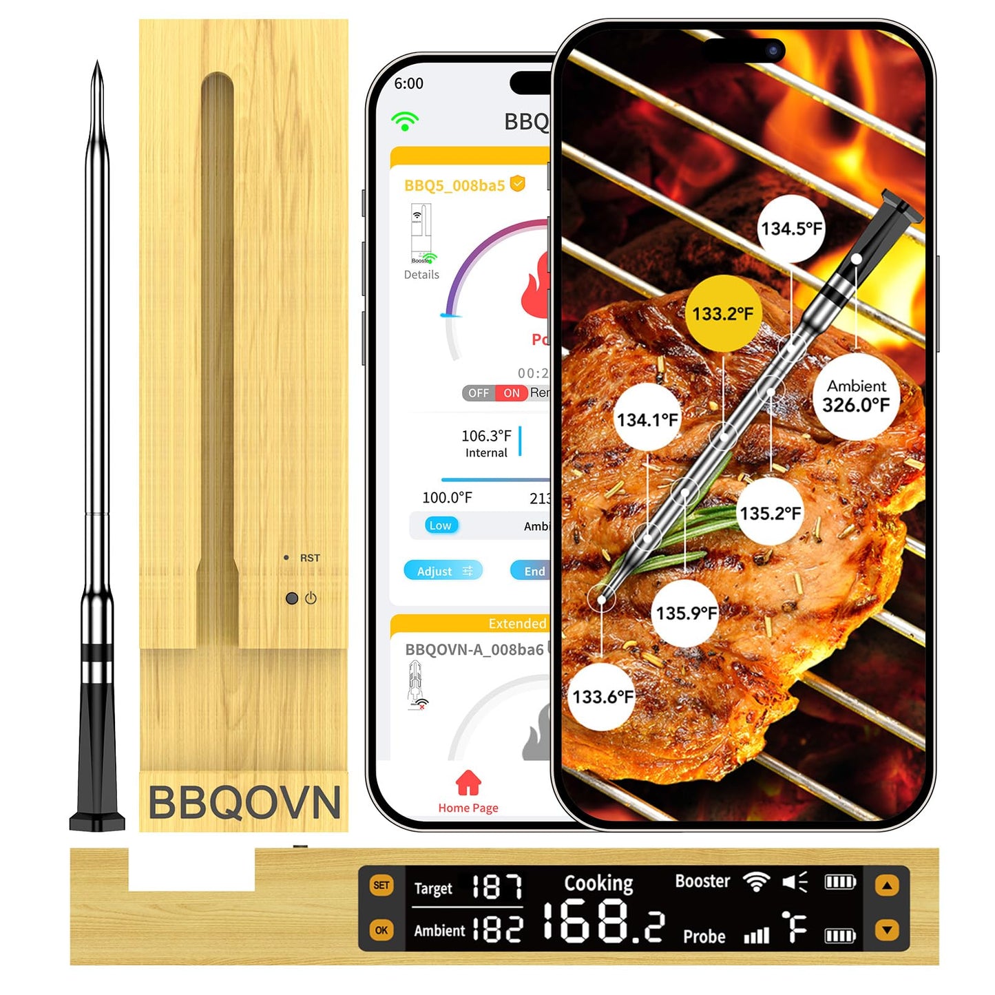 WiFi Sub-1G Wireless Meat Thermometer Unlimited Range 7 NIST Certified Sensors with Ambient Temp 2 Temp Monitoring Ways Digital Smart Base and App for BBQ, Smoker, Grill, Oven