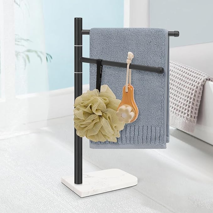Standing Hand Towel Holder, Hand Towel Stand with Marble Base, 304 Stainless Steel Towel Rack with 2 Swivel Arm, Countertop Stand Towel Ring Towel Bar for Bathroom (Matte Black)