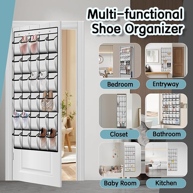 Over the Door Shoe Organizer with 30 Breathable Mesh Pockets - Large Capacity Closet Storage for Men & Women, Hanging Shoe Rack Organizer (2PC-White)