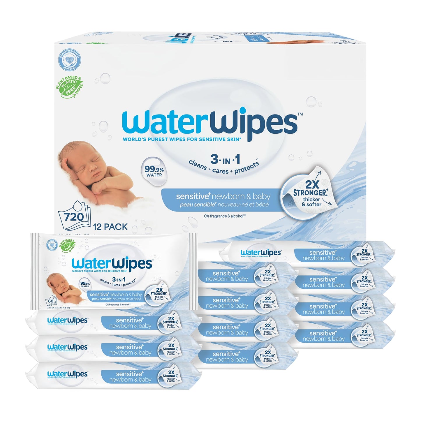 WaterWipes Sensitive+ Newborn & Baby Wipes, 3-In-1 Cleans, Cares, Protects, 99.9% Water, Unscented & Hypoallergenic, 1080 Count (18 Packs)