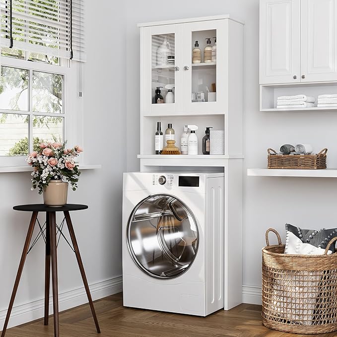 Meilocar Over The Toilet Storage Cabinet for Bathroom, White Storage Organizer Over Toilet, Space Saver with Tempered Glass Doors, White