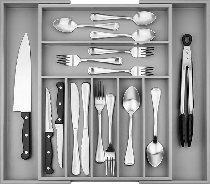 Purawood Kitchen Drawer Organizer - Expandable Utensil Drawer Organizer for Kitchen, Cutlery Tray & Silverware Organizer, 3-5 Slots - Bamboo Organizer for Utensils & Flatware (Grey)