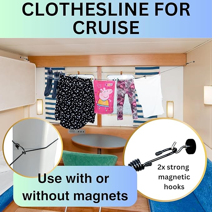 Magnetic Clothesline for Cruise Ship Cabin Approved - Strong Rubber Coated Non-Scratch Magnets, Travel Clothesline for Cruise Ship Essentials 2026 Updated Stronger Magnets