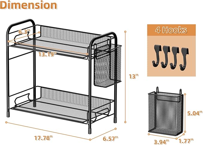 VITVITI Mesh Bathroom Organizer Countertop, 2-Tier Metal Bathroom Counter Organizer and Storage, Vanity Organizer Sink Shelf Kitchen Spice Rack with Basket and Hooks, Black