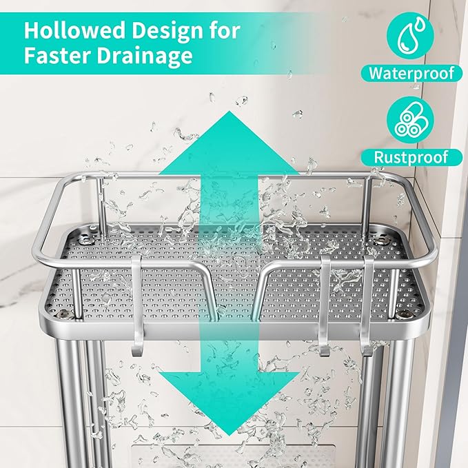 HapiRm Standing Corner Shower Caddy - 3 Tier Corner Shower Organizer with Soap Holder, Rustproof Stainless Steel Bathroom Shelf with 4 Hooks, Silver
