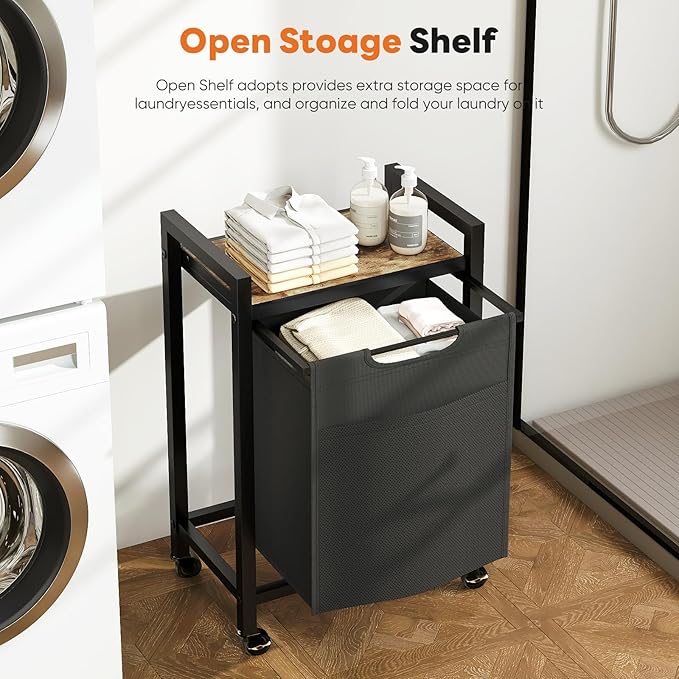 DUMOS Laundry Hamper with 1 Pull-Out Removable Sorter Bags, Movable Wheels, Freestanding Clothes Basket Organizer in Bathroom, 1 × 18.3Gal (69L) Capacity, Rustic Brown and Black