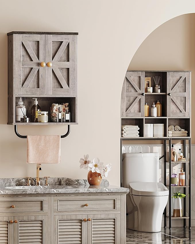 Bathroom Wall Cabinet, Medicine Cabinet with Open Partition and Towel Bar, Rustic Storage Cabinet with Open and Hidden Storage Space, for Bathroom, Living Room, Greige and Charcoal Black