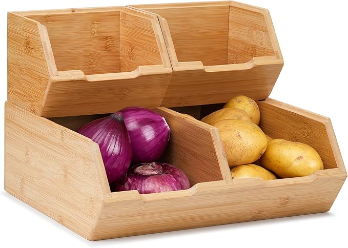 3 Pack Stackable Bamboo Pantry Storage Bins,Potato Onion Storage Bins