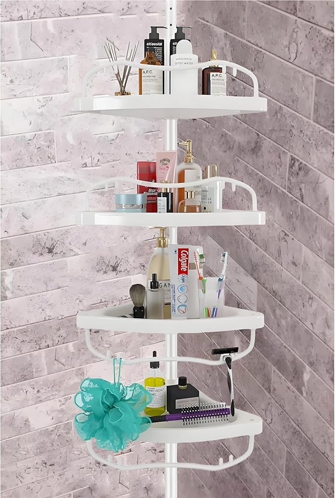 Shower Caddy Tension Pole with 4 ABS Baskets,Shower Storage Shelf with 56 to 125 Inch Adjustable Stainless Pole for Bathroom White