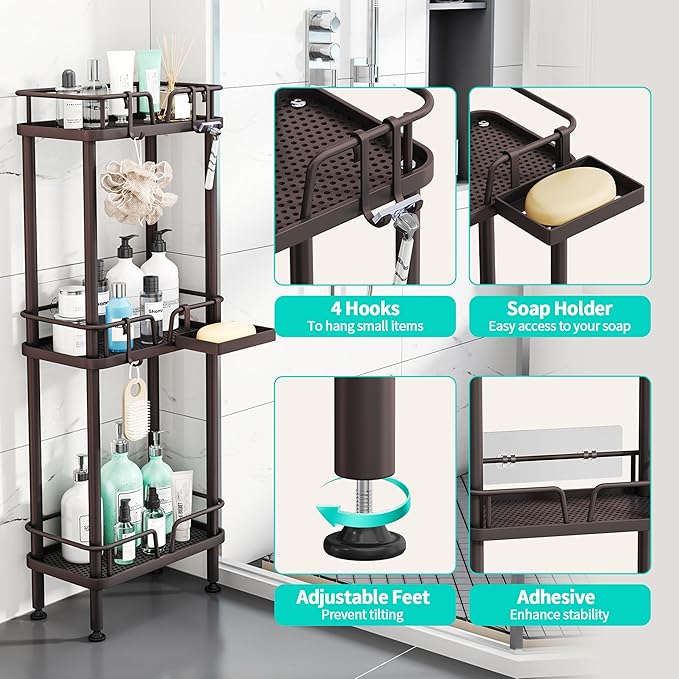 HapiRm Standing Corner Shower Caddy - 3 Tier Corner Shower Organizer with Soap Holder, Rustproof Stainless Steel Bathroom Shelf with 4 Hooks, Bronze
