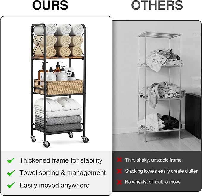 niffgaff 3-Tier Movable Towel Rack, Free-Standing Towel Holder with M-Shaped Detachable Dividers, for Bathroom, Pool
