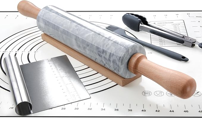 SIPARUI Marble Rolling Pin with Wooden Cradle Thick Handle Set for Baking,18.5 inch Premium Quality Polished Roller for Pizza Dough,Fondant,Pie Crust,Non-Stick Surface Easy to Clean(White)