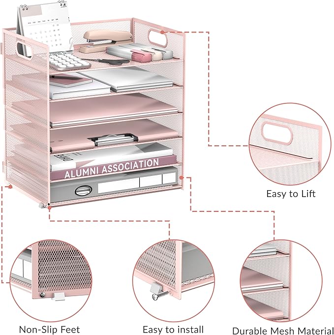Daltack 6 Tier Paper Organizer for Desk, Paper Letter Tray Organizer for Desks, Mesh Desk File Organizers with Handle for Office, Home, School, Pink