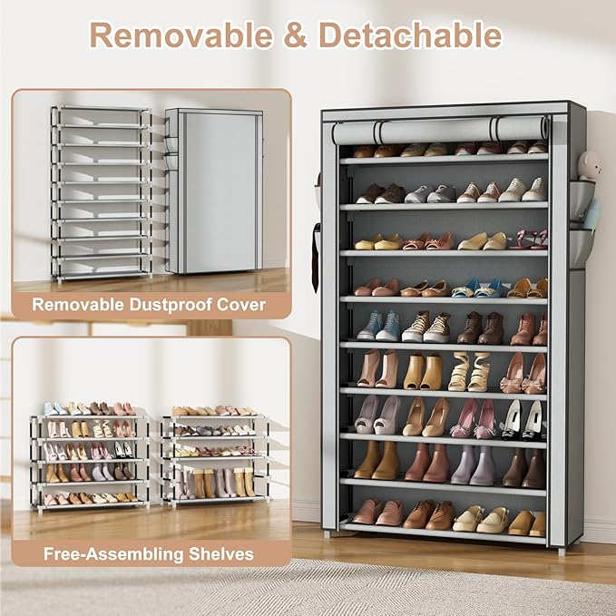 Shoe Rack with Cover Wide Shoe Organizer with Pockets 10 Tier Tall Shoe Storage Holds 50-55 Pairs Shoes and Boots Shoe Rack for Closet Entryway Garage, Grey