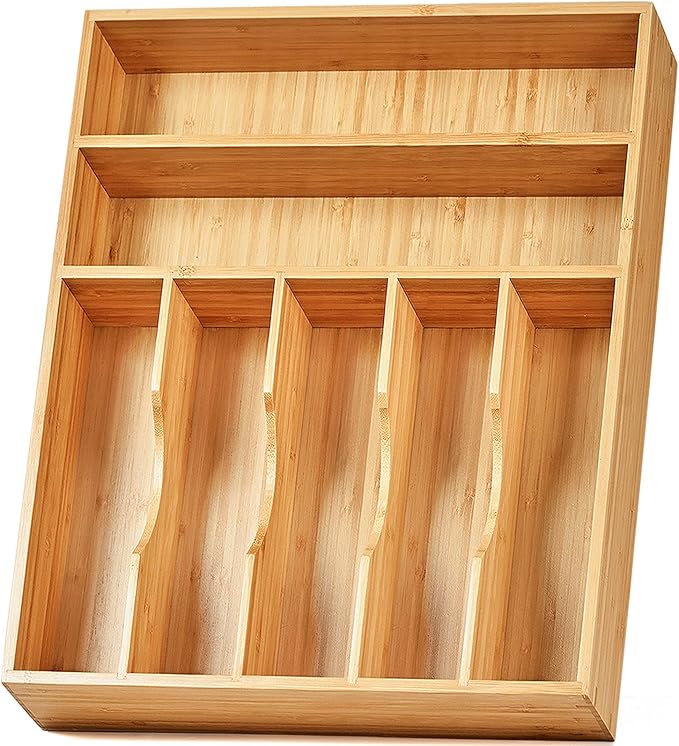 Umilife Large Kitchen Drawer Organizer, 19"x20" Silverware Utensils Organizer, 2.5" High for Large Deep Drawers, Bamboo Flatware Holder with Thick Frames, Sturdy Kitchen Organization Tray