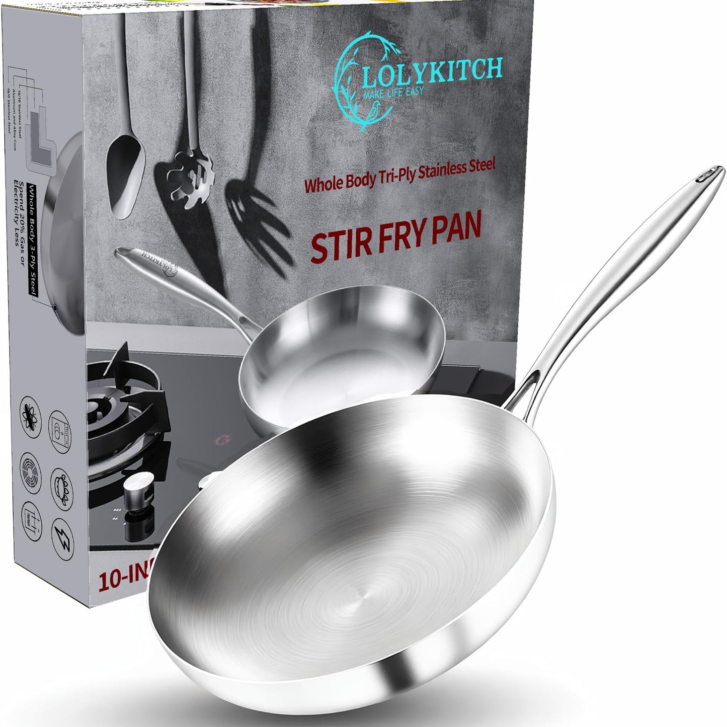LOLYKITCH 9.5 Inch Small Stainless Steel Pan | Tri-Ply | PFOA & PTFE Free