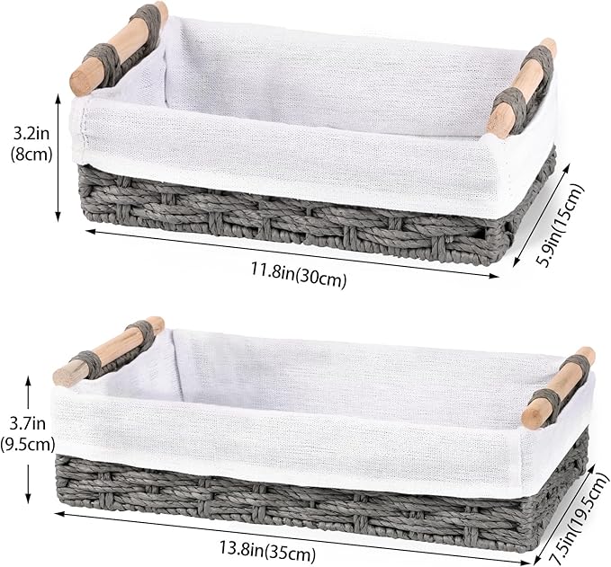 HomeHacks 2 Pack Storage Basket Paper Rope Baskets for Organizing with Handle Decorative Storage Bins for Countertop Toilet Paper Basket for Toilet Tank Top Large Baskets, Grey