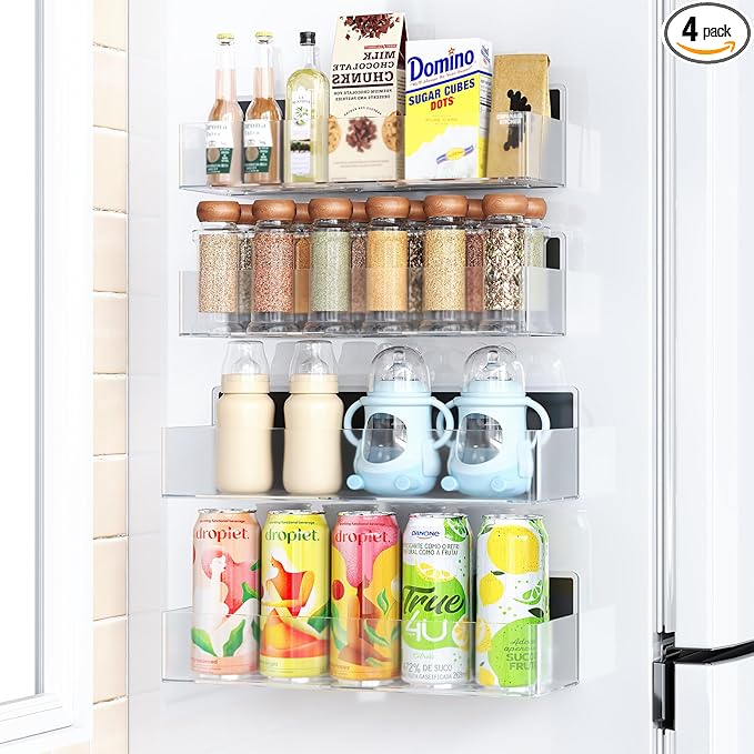 Magnetic Spice Rack for Refrigerator, Kitchen Organizer and Storage Shelf, Clear(4 Pack)